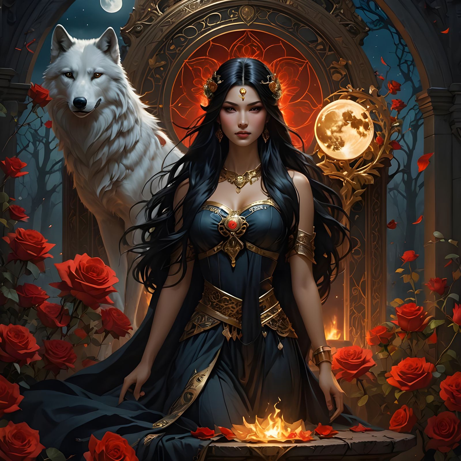 Goddess with Wolf in Dark Fantasy Art Style