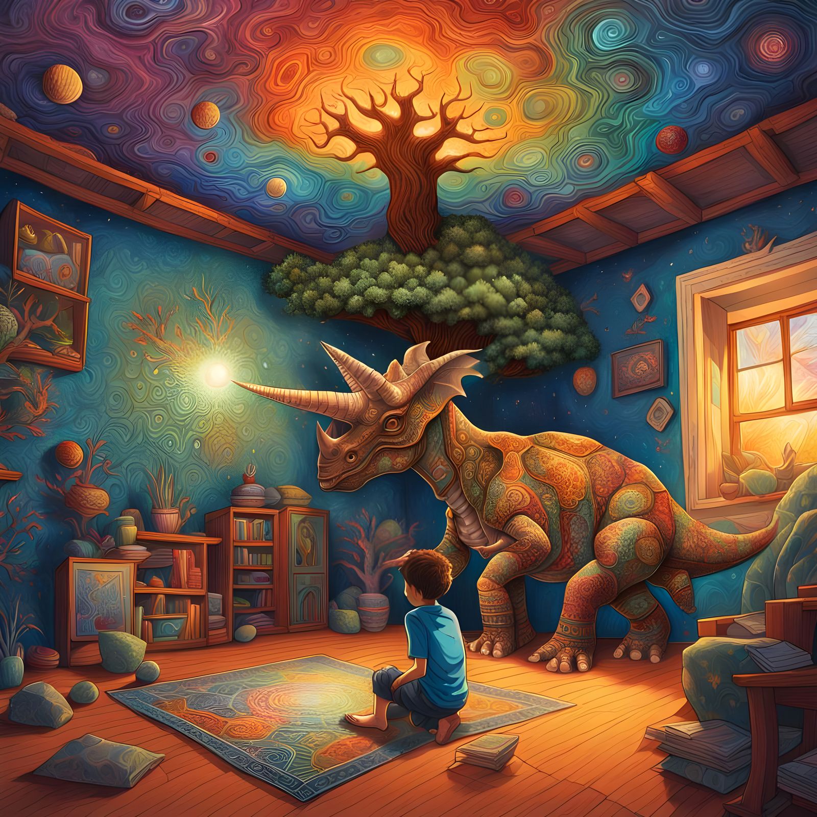 Triceratops Wrecks House: Cosmic Astral Illustration