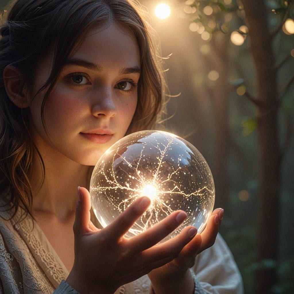 Girl Holding Glowing Orb in Ethereal Light