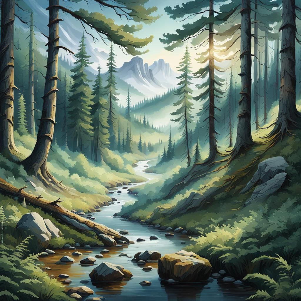 Mountain Valley Relief Carving in Mystical Style