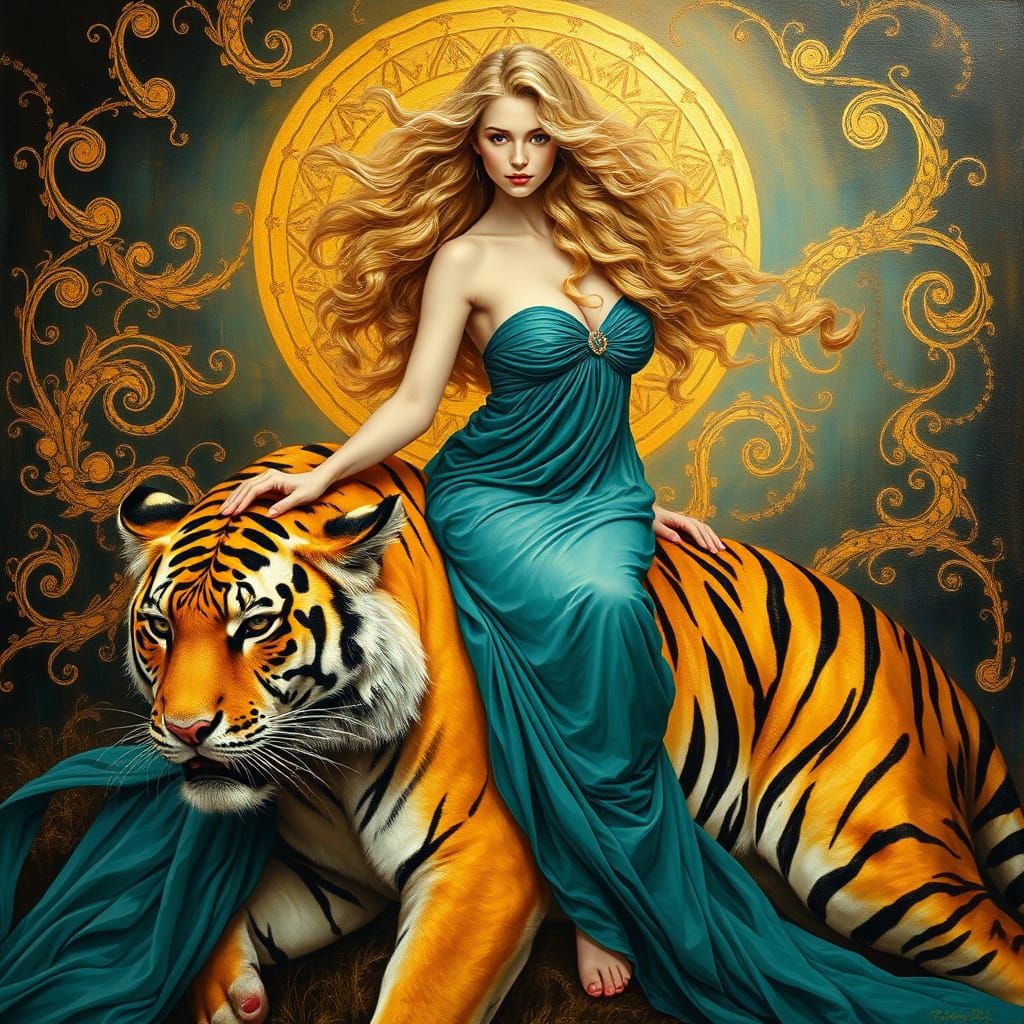 Golden Goddess on a Majestic Tiger, in a Dreamlike Oil Paint...