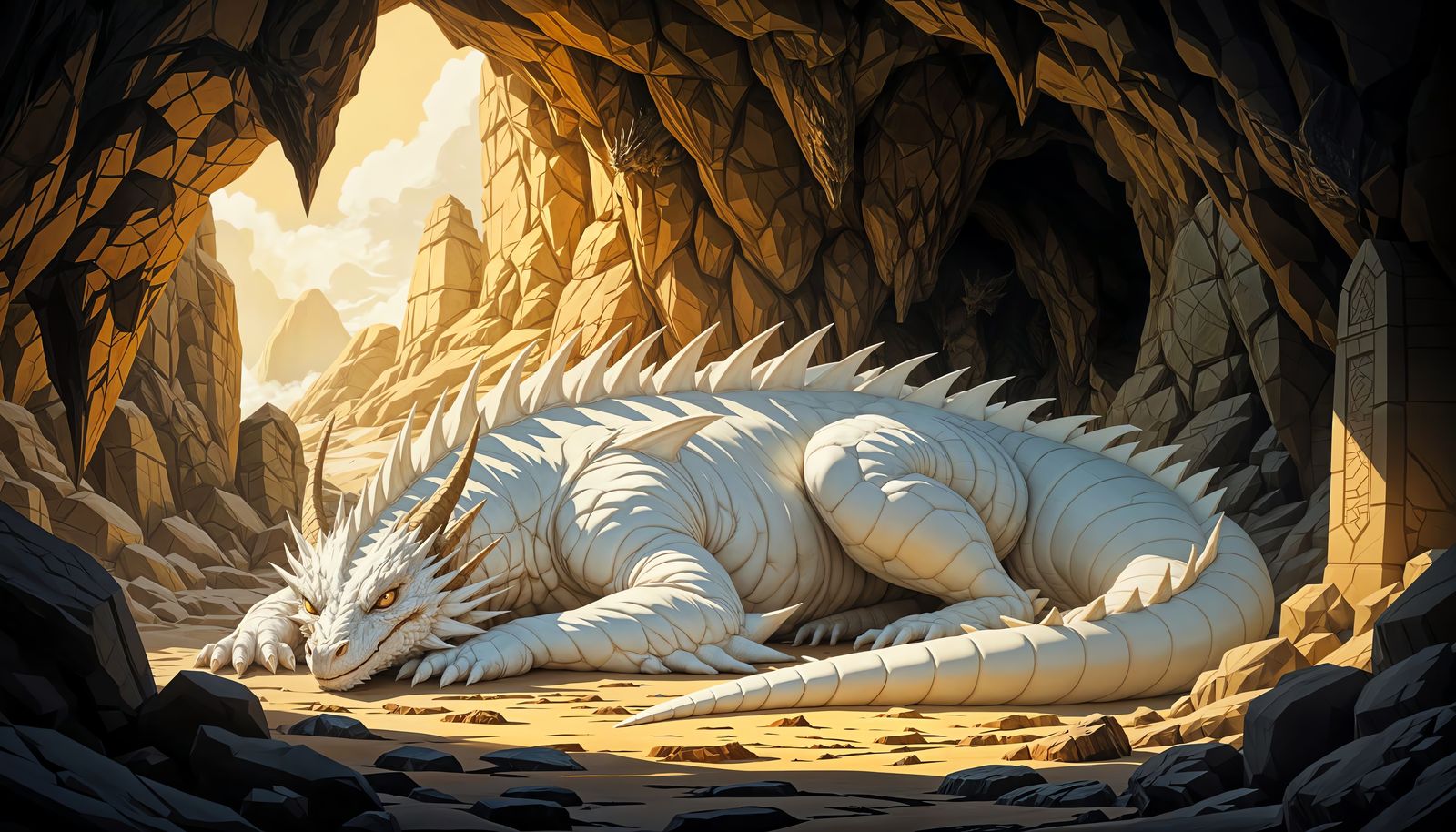 Enormous White Dragon Sleeping Calmly in Cave