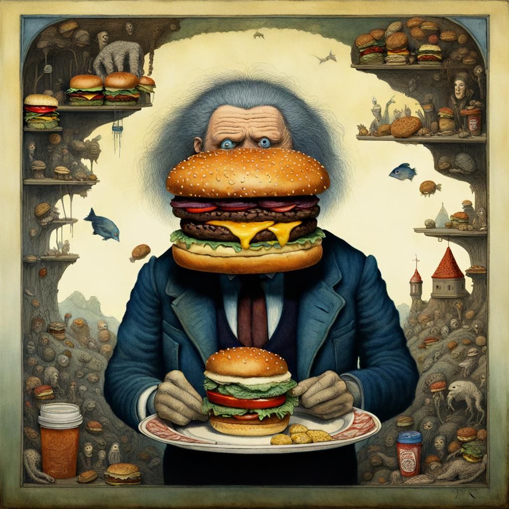 Sad Puppet and Burger, Pixar-style Surrealism