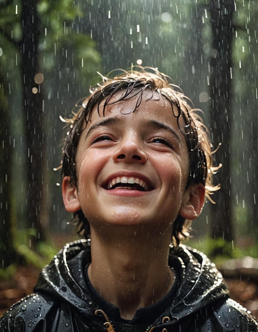 Dreamy Close-Up of Smiling Boy in Rain