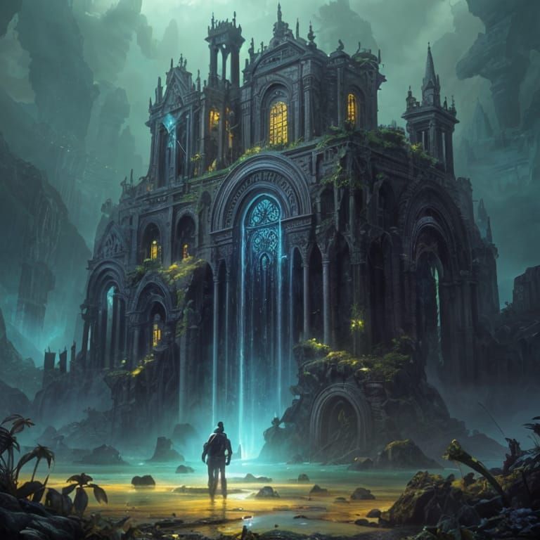 Ancient Atlantis Cityscape in Vibrant, Dark Fantasy Style