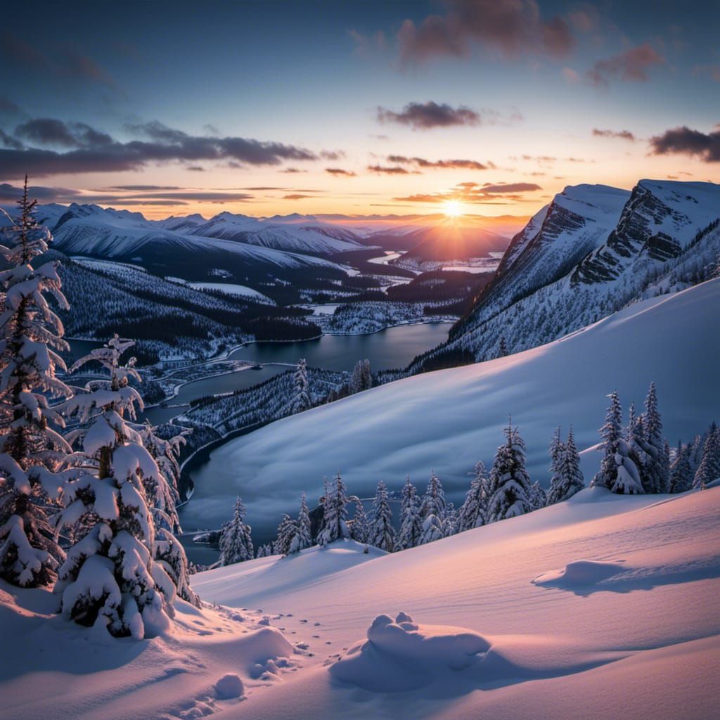 Atmospheric Winter Mountain Landscape in Blue Hour