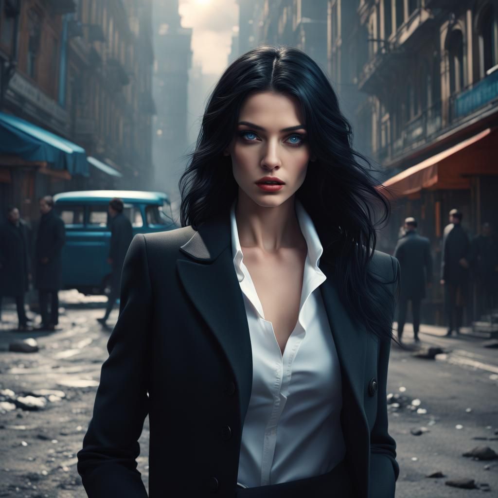 Mafia Girl with Black Hair in Cinematic Street Scene