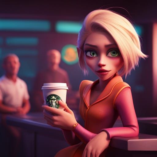 Monster Girl at Starbucks: 3D Digital Art