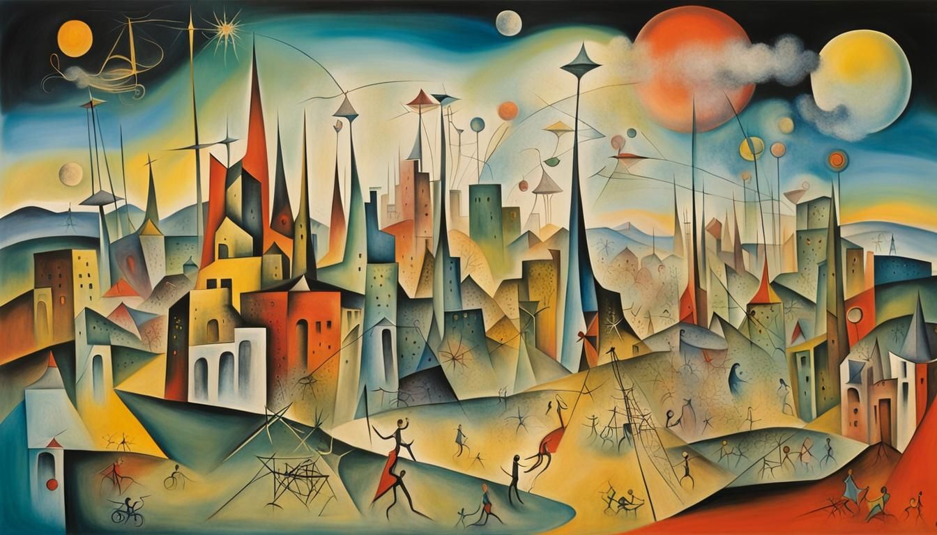 Surreal Abstract Cityscape with Colorful Figures