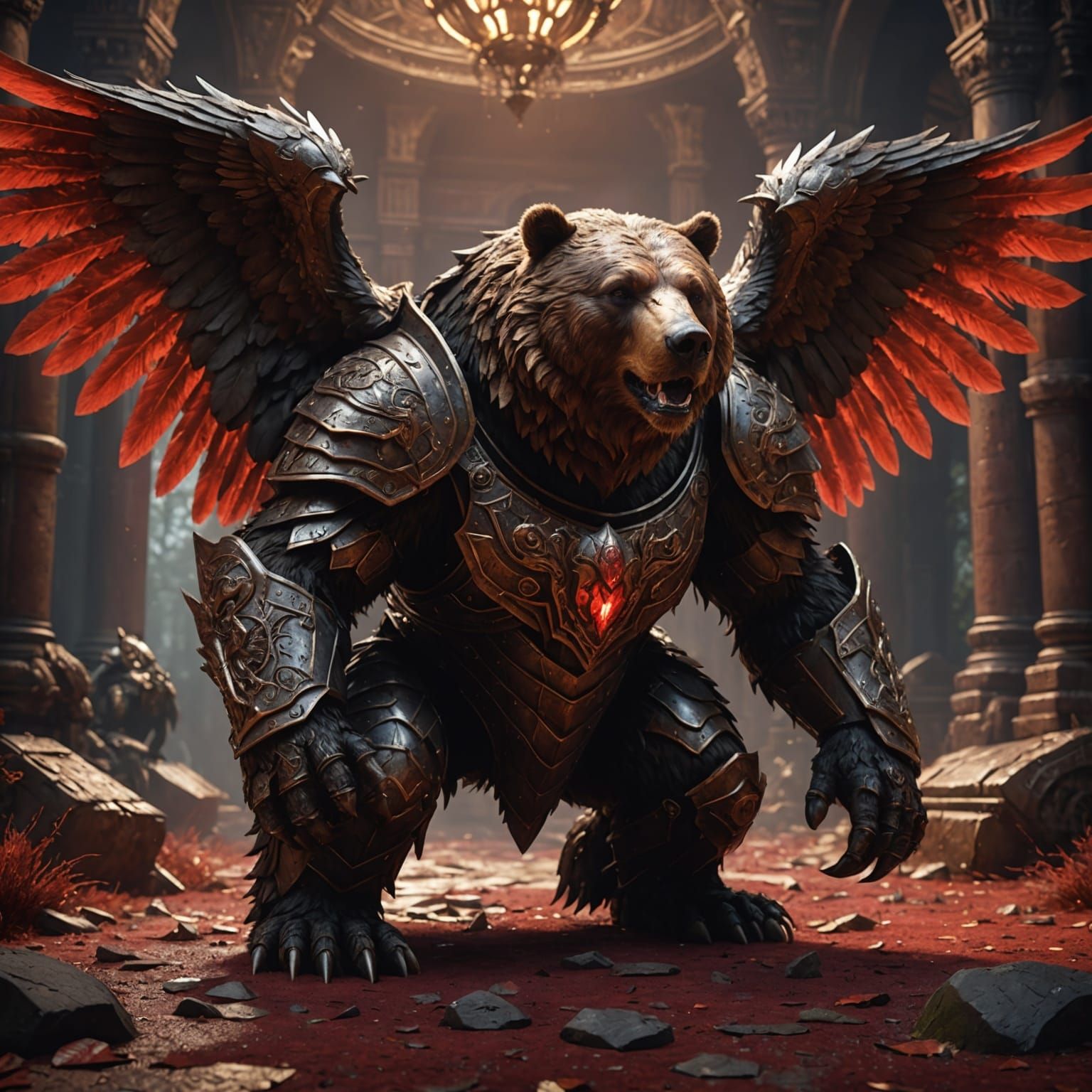Armored Winged Bear in Dark Fantasy Style