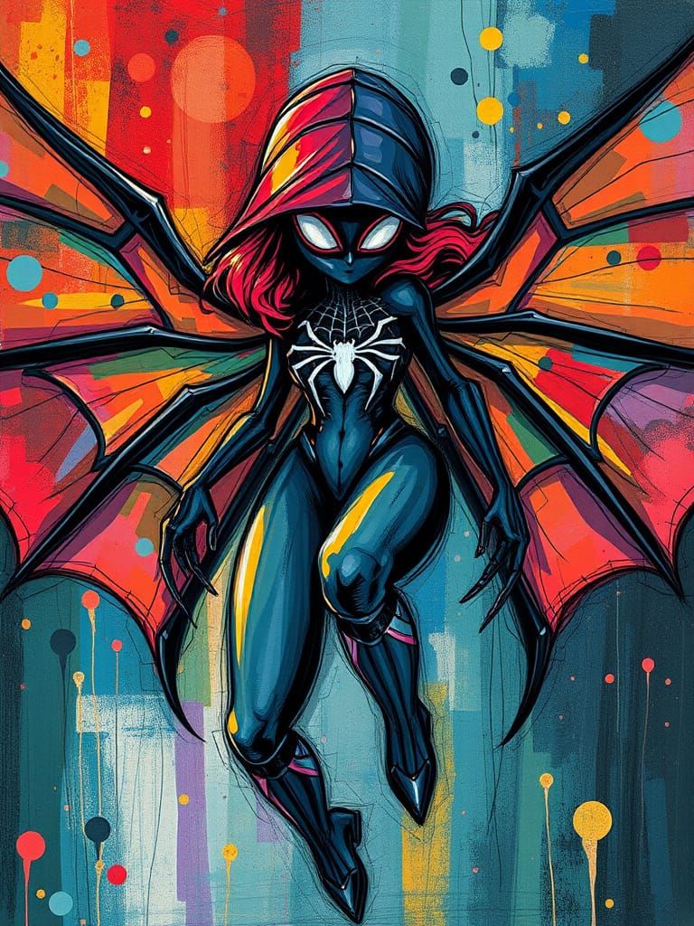Spidergirl with Bat Wings in Abstract Fusion Colors
