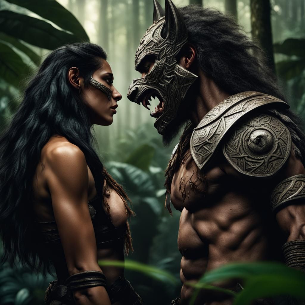 Werewolf Confronts Amazon Warrior in Jungle