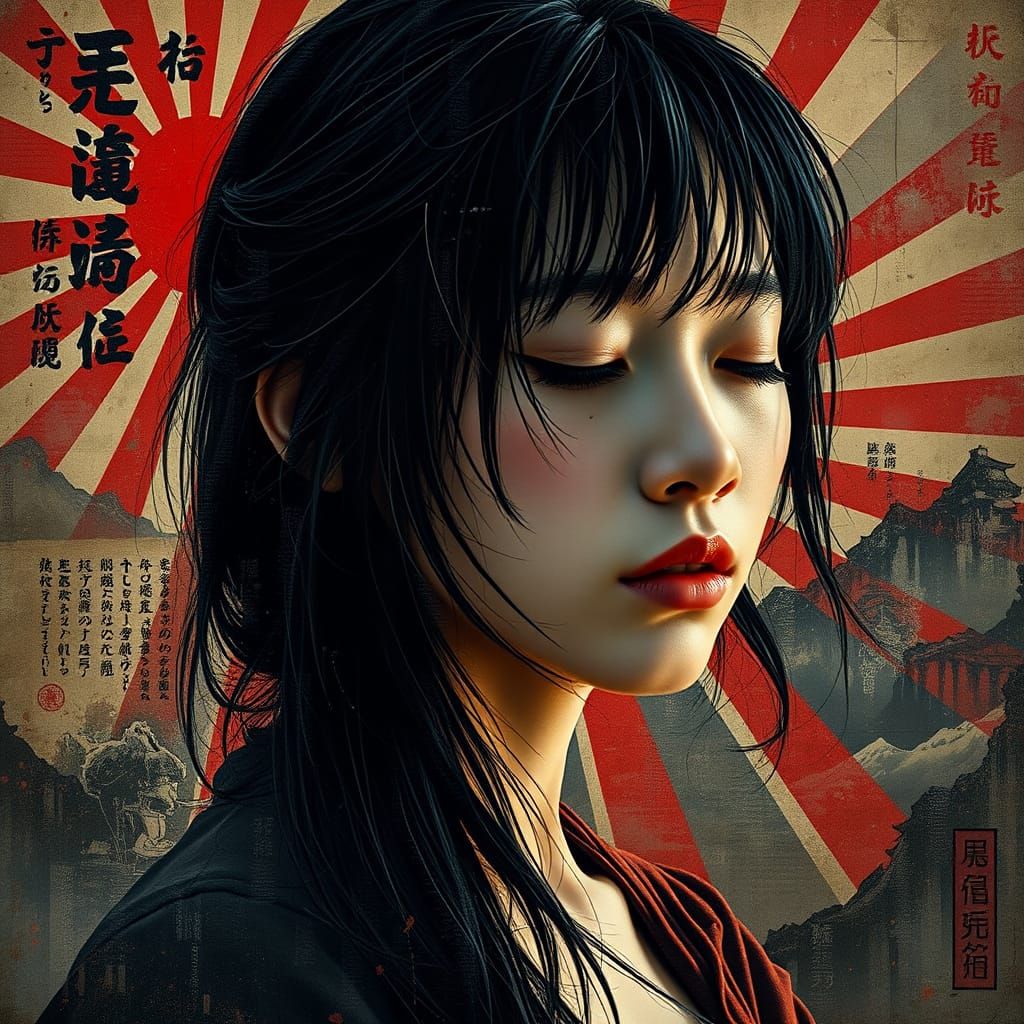 A young Japanese woman with a rising sun flag.