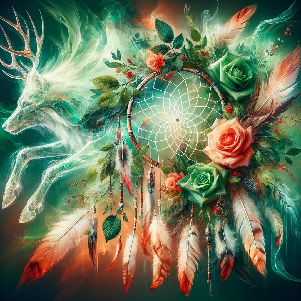 Dream Catcher with Spirit Animal in Orange and Green