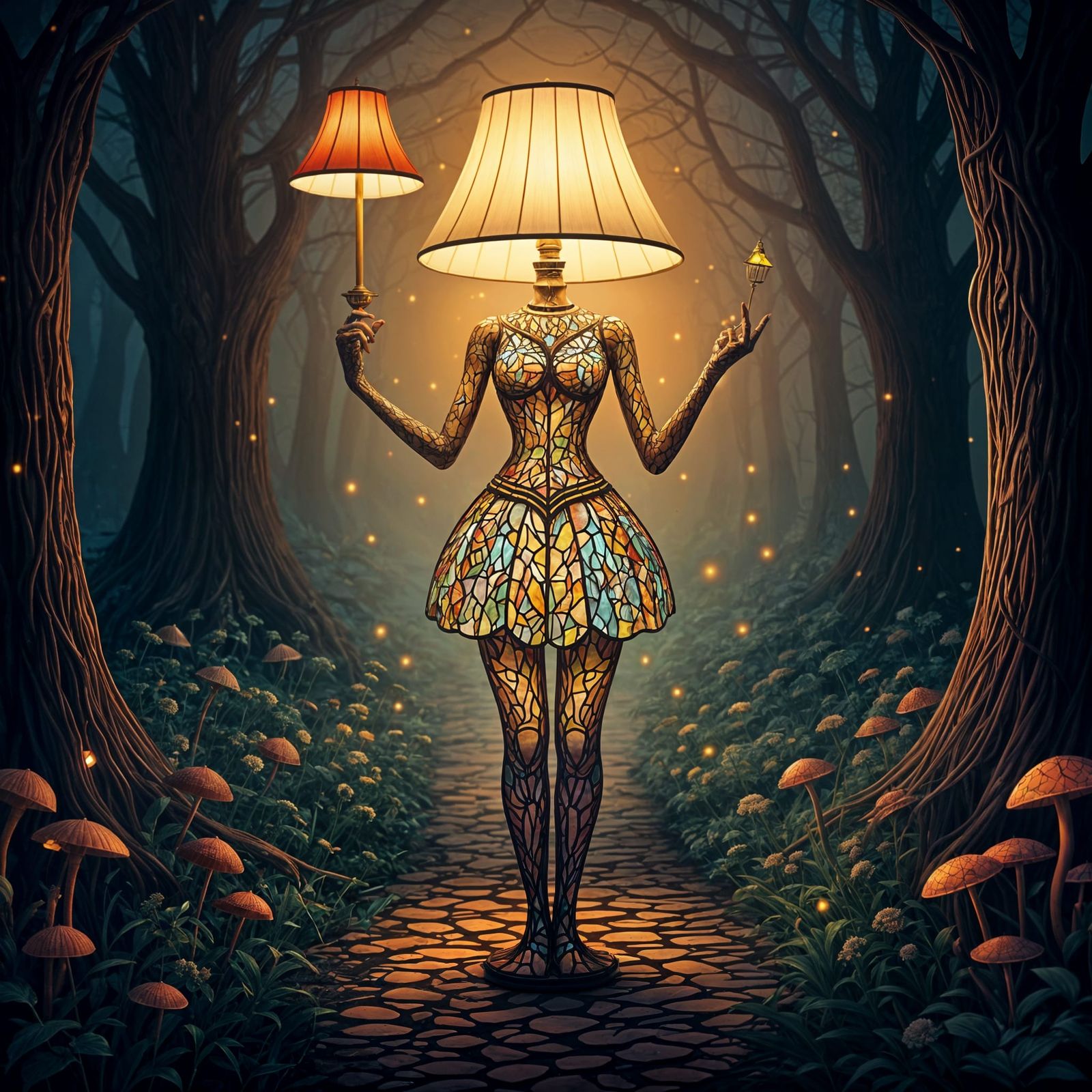 Whimsical Stained-Glass Lamp with Humanoid Features