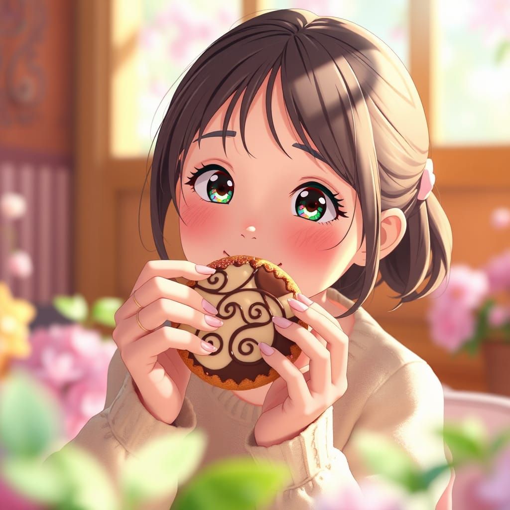 Girl Enjoys Cookie in Anime-Inspired Pastel Garden