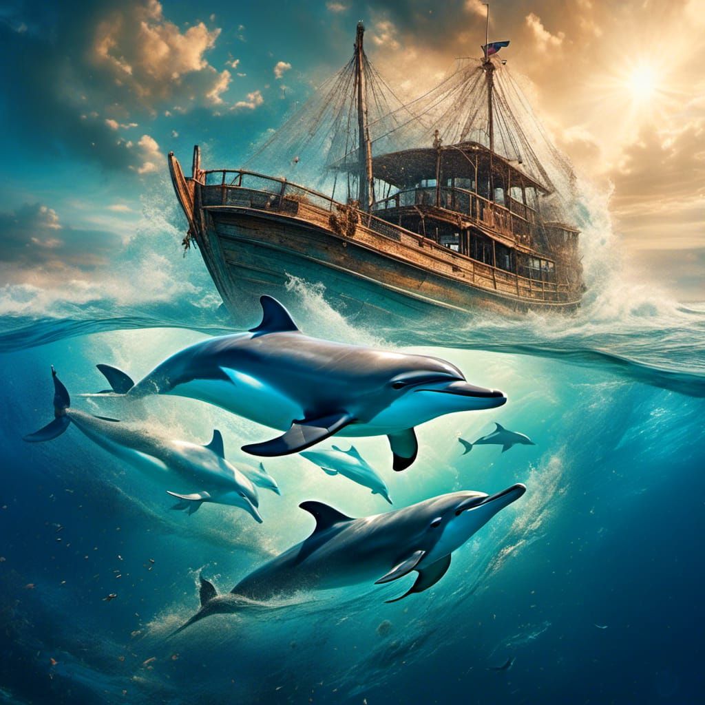 Double Exposure Stunning sketch of Dolphin in a rough Ocean