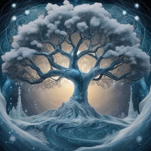 Mystical Tree with Frosted Leaves Digital Illustration