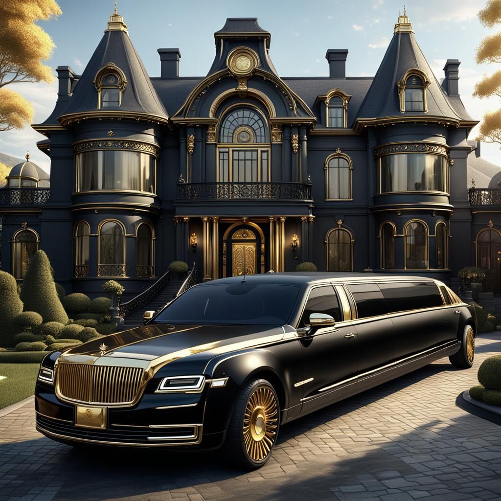 Black and Gold Limousine at Luxury Mansion