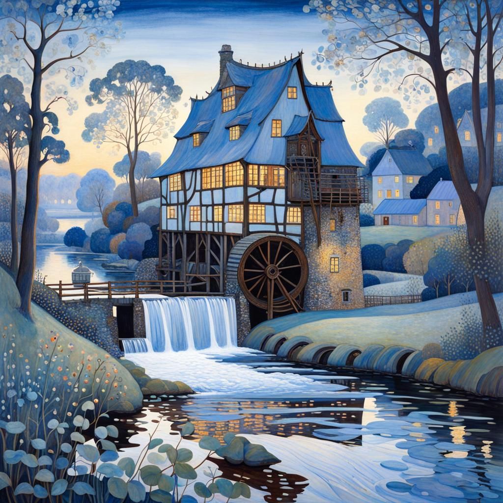 Historic Watermill in Soft Blue Evening Light, in Intricate ...