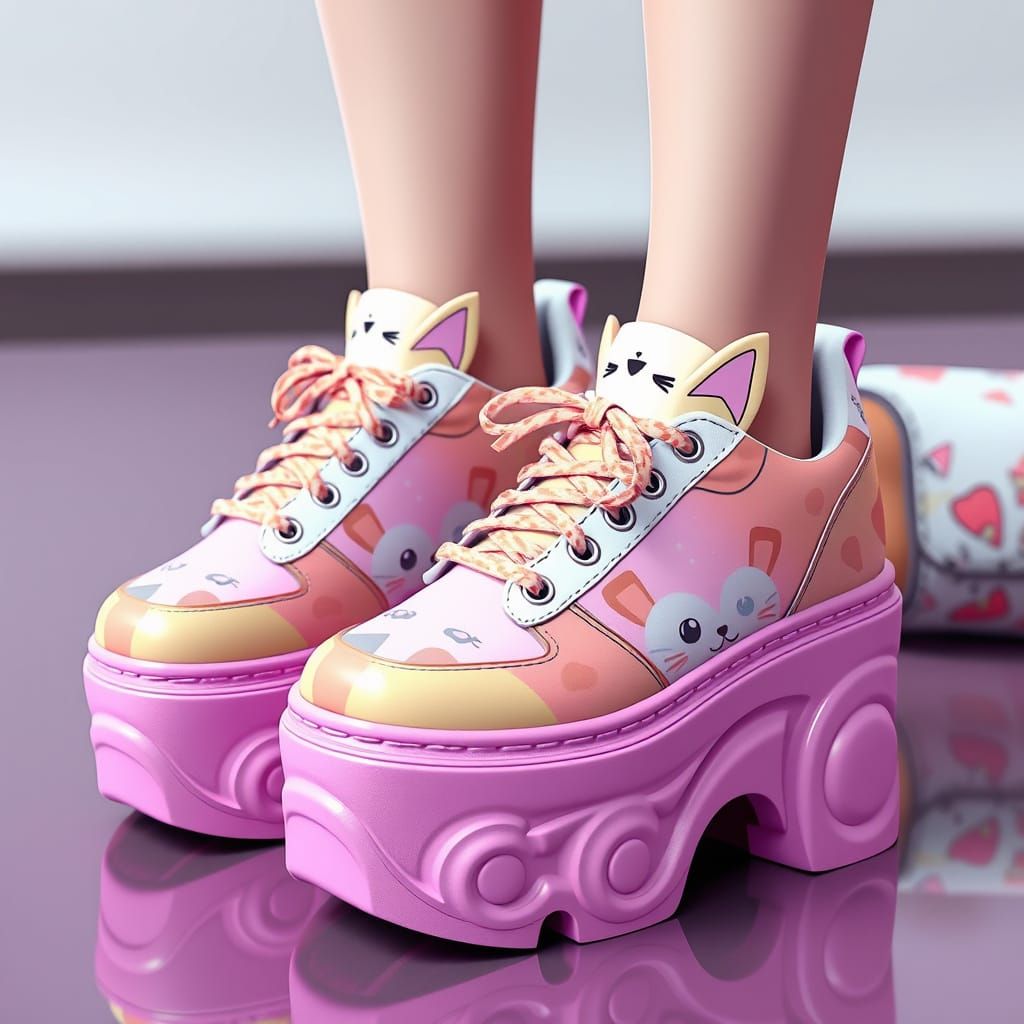 Whimsical Cat-Themed Platform Sneakers in High-Fantasy Style