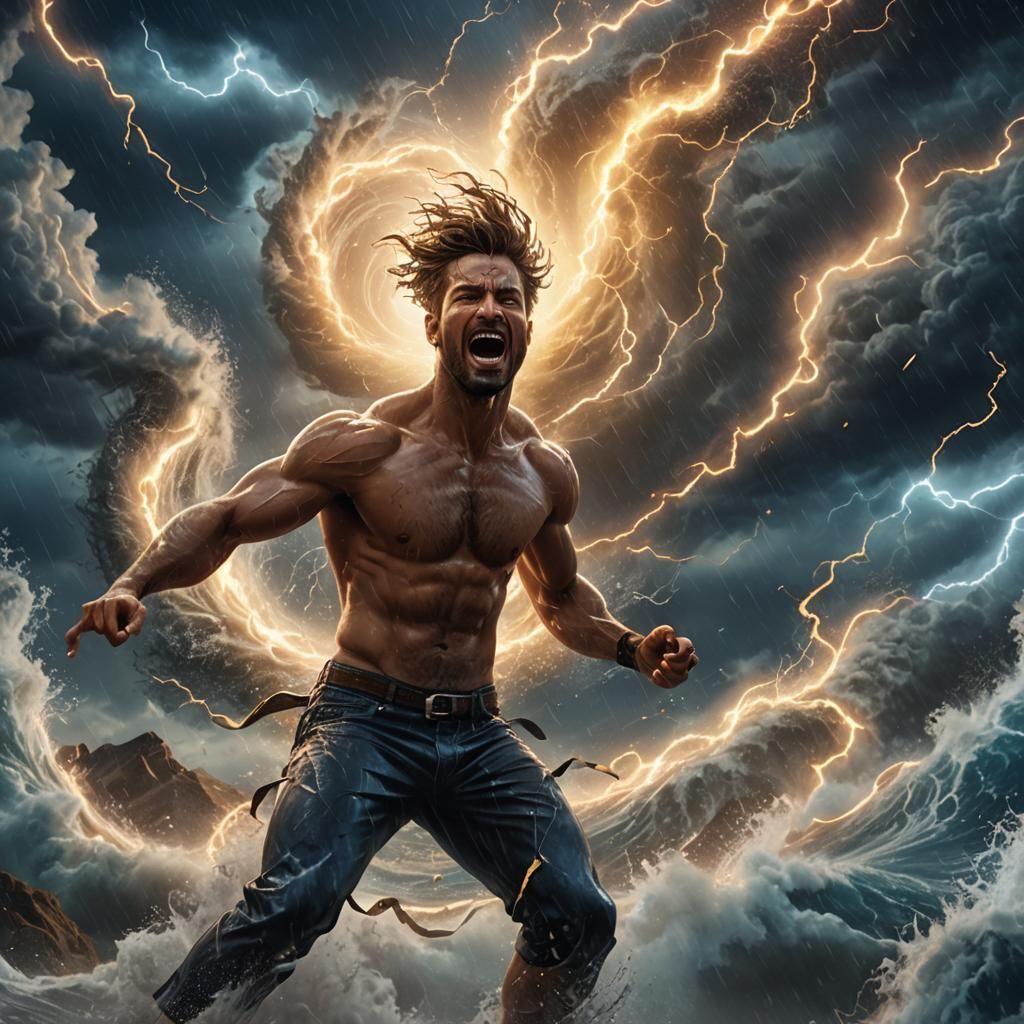 Shirtless Man Dancing in Hurricane, Fantasy Concept Art