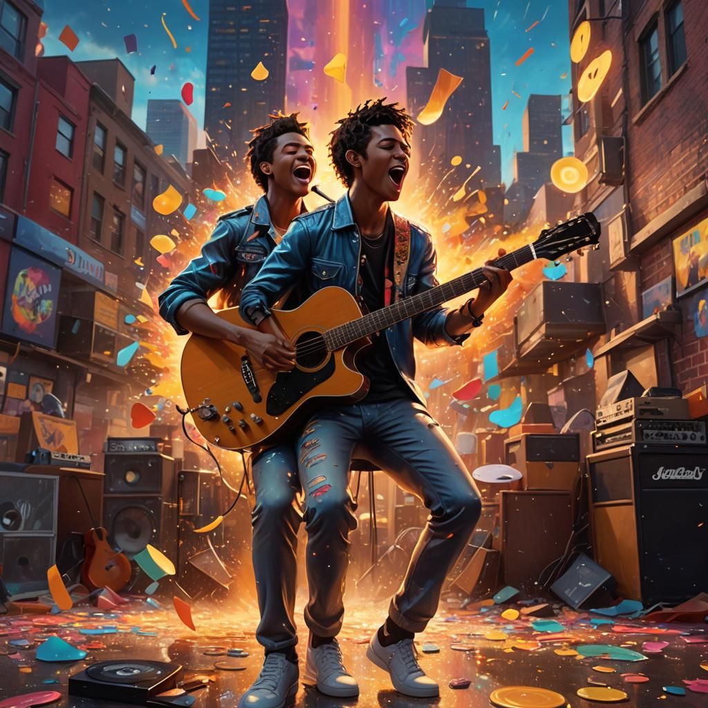 Passionate Musician in Vibrant Cityscape, Splash Art