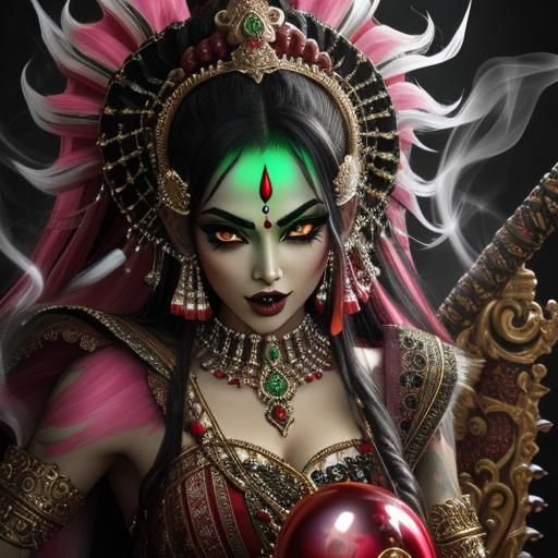 Monstrous Kali Vampire Smoking Hookah in Hyperrealistic Art