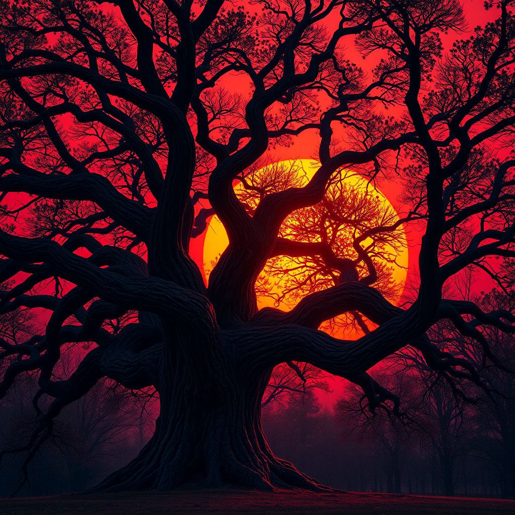 Majestic Walnut Tree at Sunset in Hyperrealistic Style