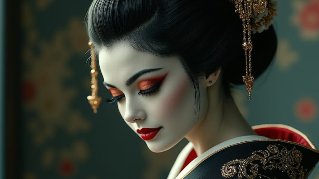 Geisha in Ink-Washed Darkness, Ukiyo-e Style