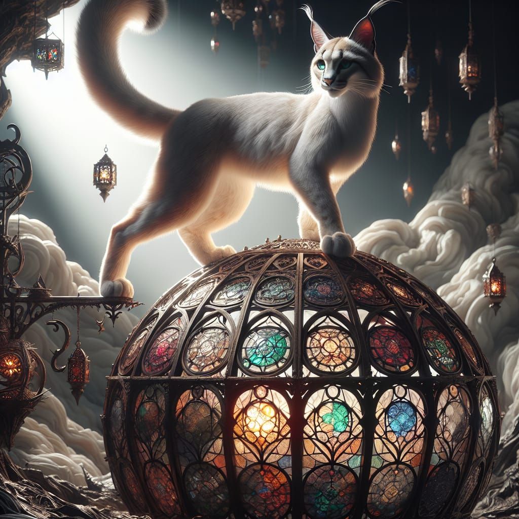 White Caracal on Stained Glass Lantern