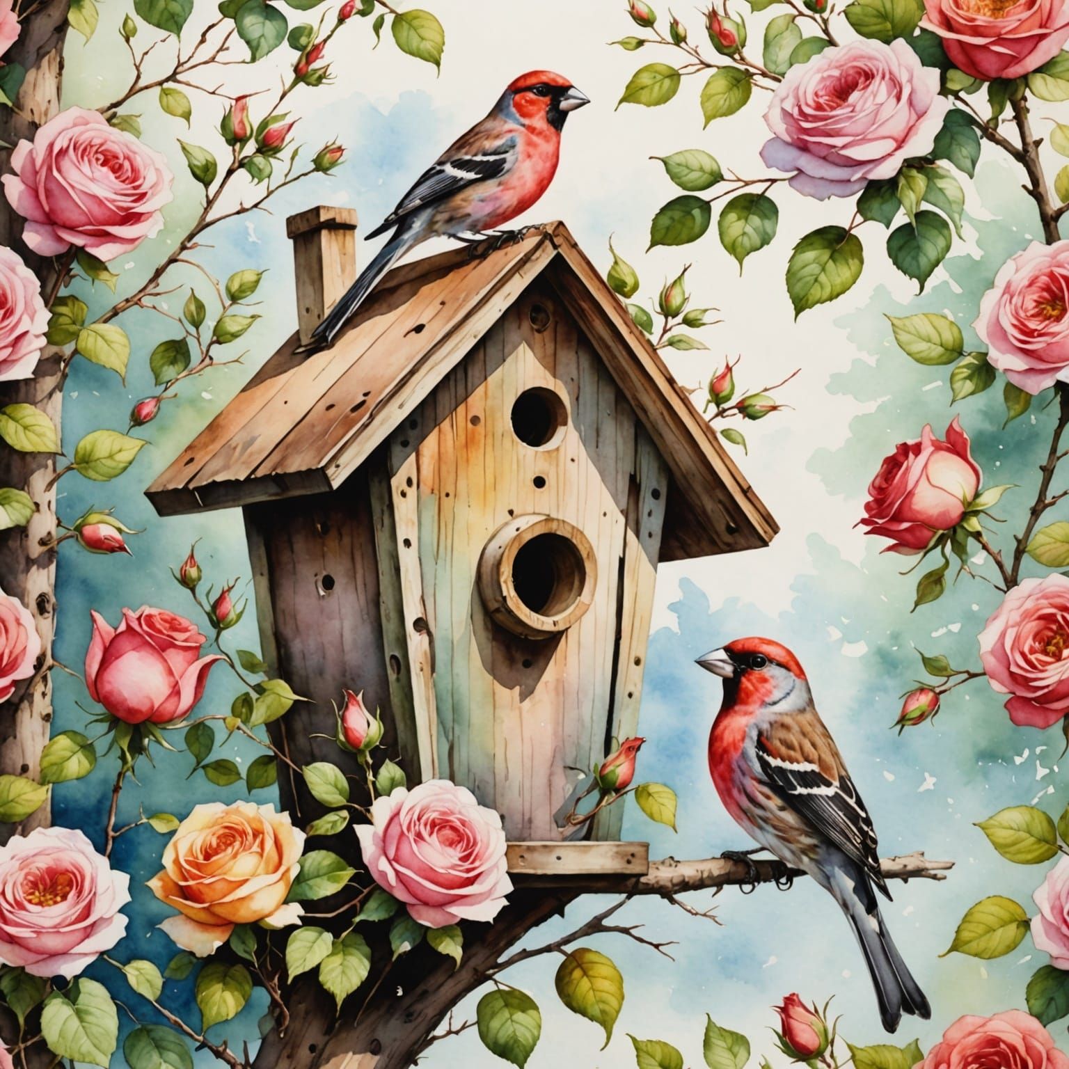 Watercolor Birdhouse with Rose Finches