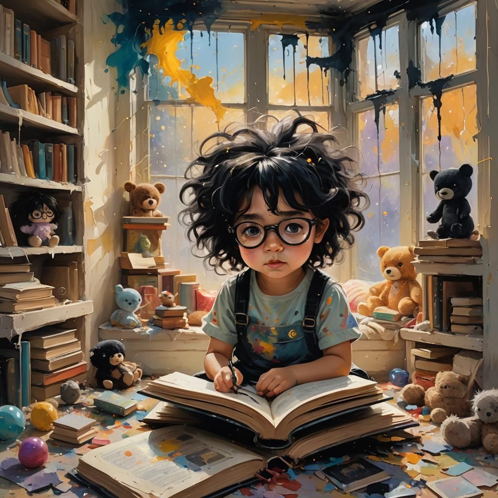 Toddler Discovering Magic Book: Painterly Oil Painting