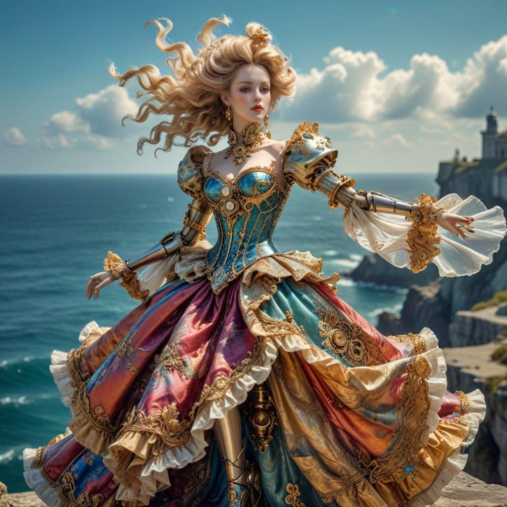 Baroque-Rococo Automaton on Cliffside in Opulent Style