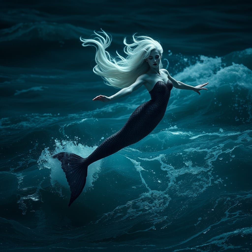 Gothic Mermaid Emerges From Night Ocean Waters
