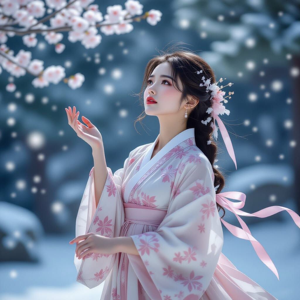 Ethereal Korean Woman in Sakura Dress with Snowflakes