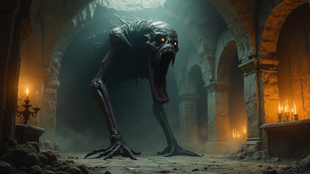 Ethereal, Gothic Horror Entity in a Dark, Candlelit Chamber