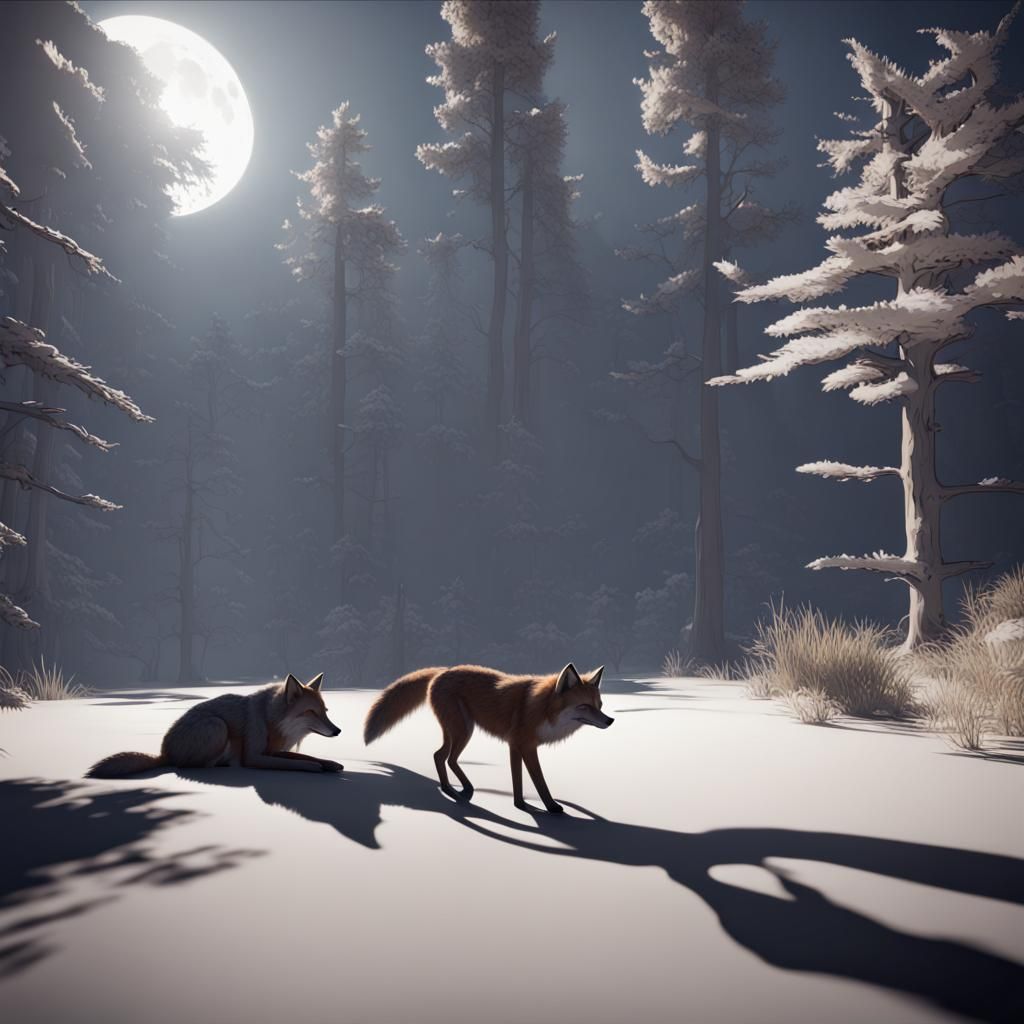 Dire Wolf, Fox, and Coyote under Forest Moon
