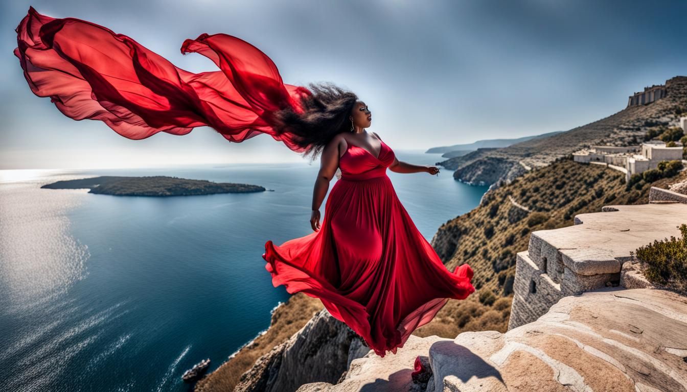 Woman in Red Dress on Cliff Overlooking Ocean