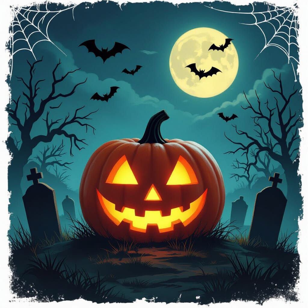 Spooky Halloween Graveyard Scene with Giant Jack-o'-Lantern