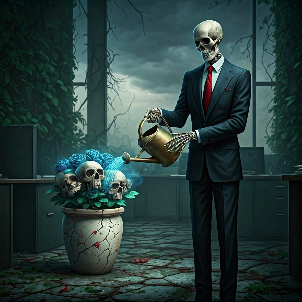 Surreal Businessman Skeleton in Haunting Post-Apocalyptic Of...