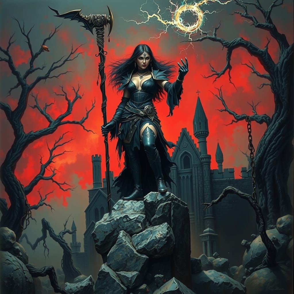 Dark Fantasy Sorceress in a Twisted, Ancient Forest