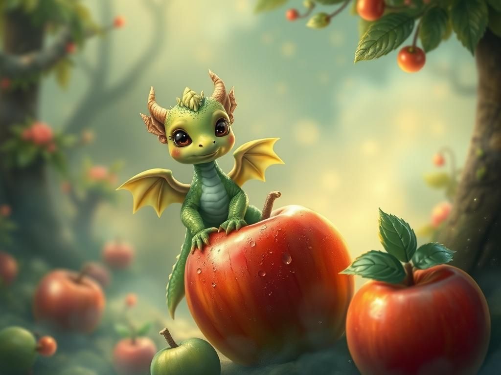 Green Dragon on Apple in Dreamy Landscape