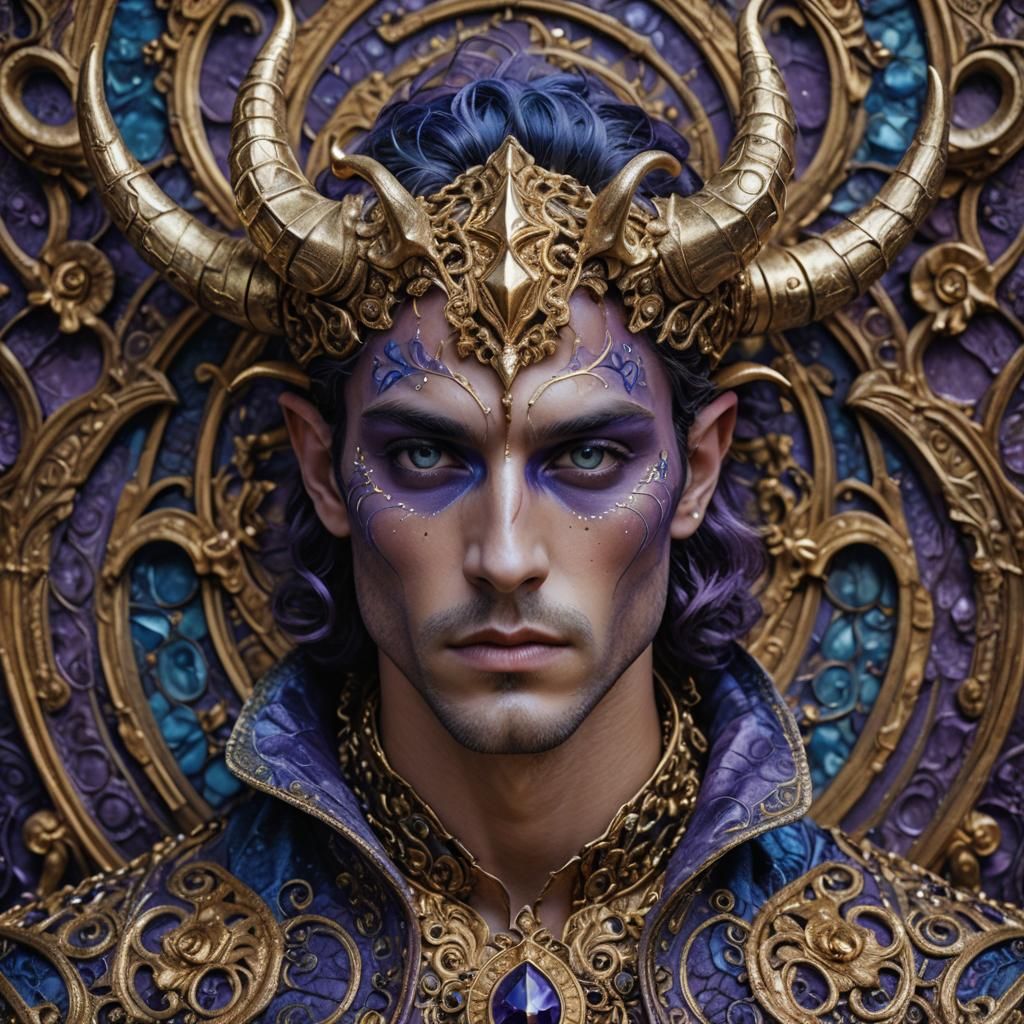 Ornate Close-Up Portrait of Horned Man in Cosmic Setting