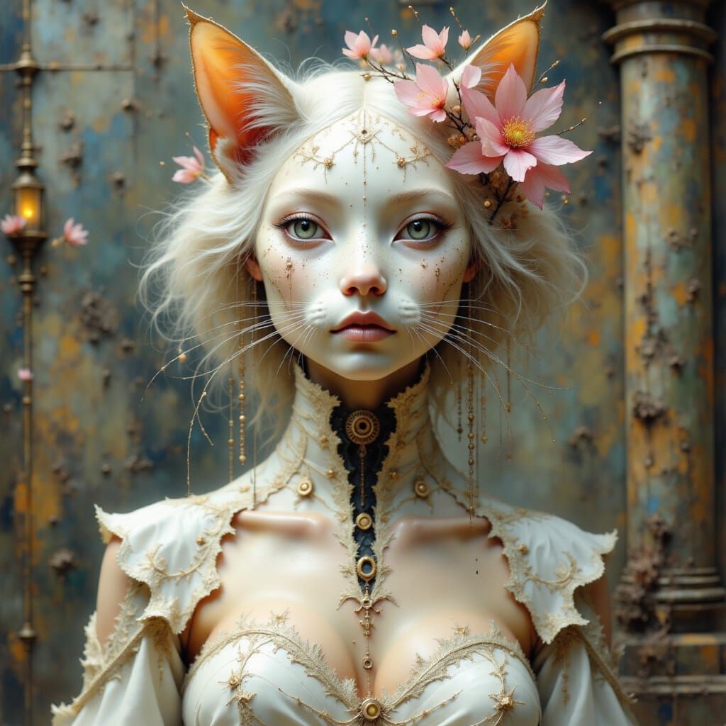 Cyborg Feline Princess with Intricate Schematic Writing