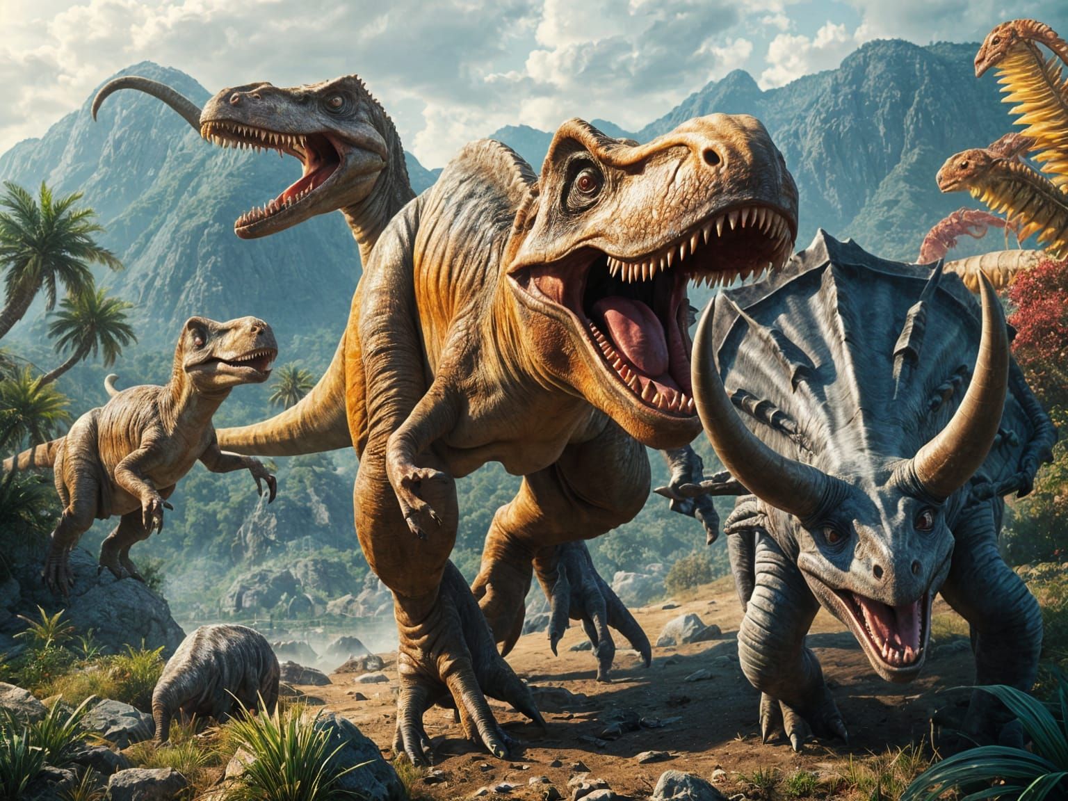 Carnivorous Jurassic Critters Hungrily Chasing After Herbivo...