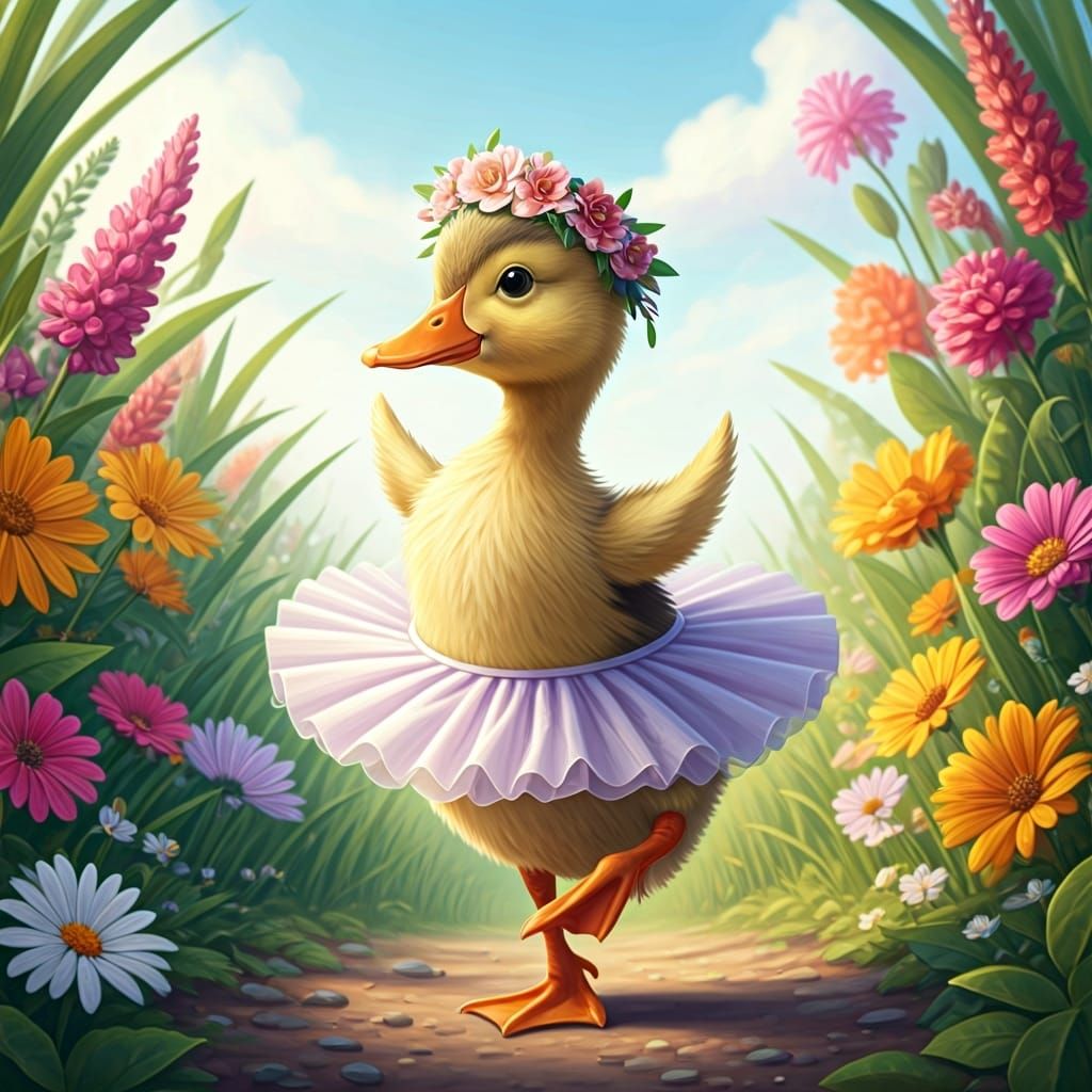 Duckling's Joyful Dance in a Flower Garden