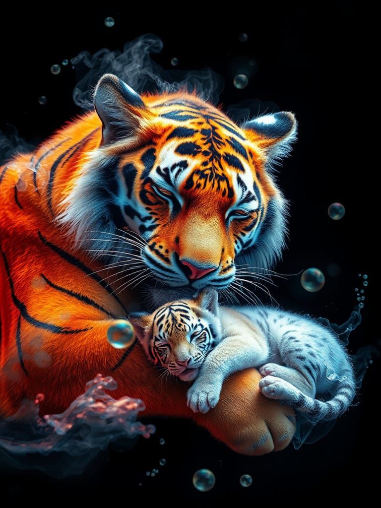 Tiger of Luminous Smoke Slumbers with Cub
