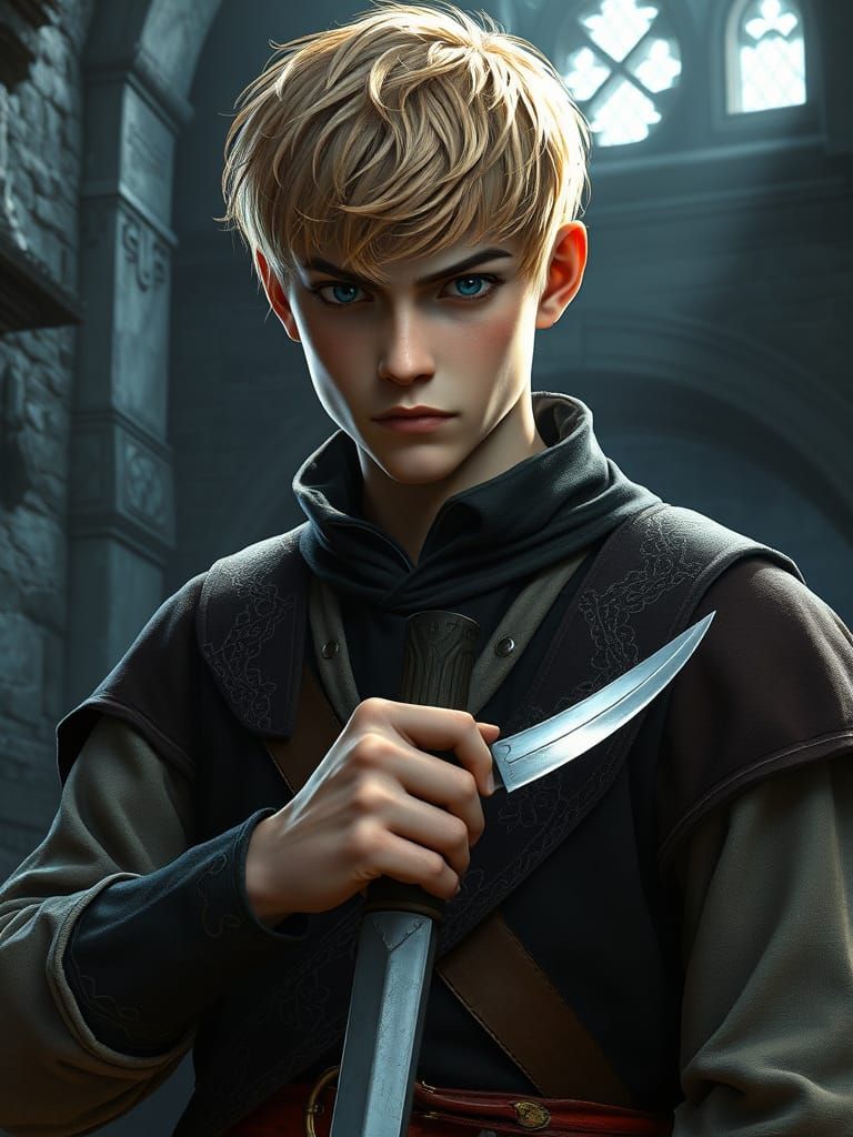 Angry Medieval Servant Holds Dagger Inside Castle