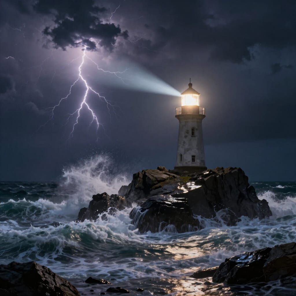 Lighthouse Beam Cuts Through Stormy Night Sea